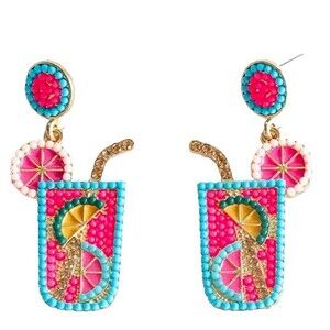 Beaded Fruit Cocktail Drink Earrings Gold Straw Colorful Summer Beach Vacation